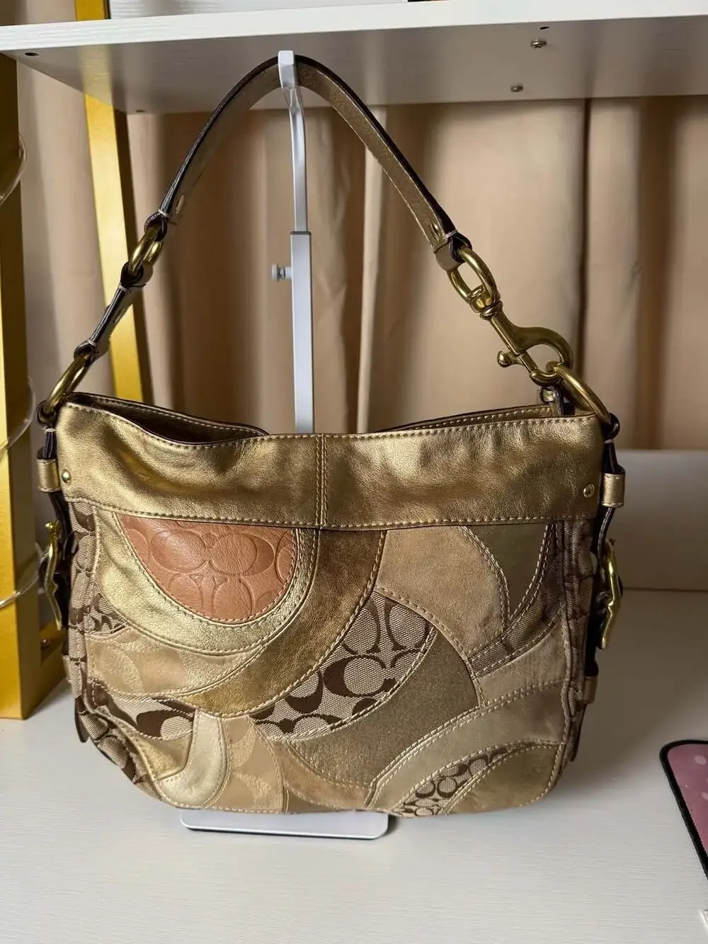 Coach Carly Signature Patchwork Gold Leather Shoulder Bag F14005